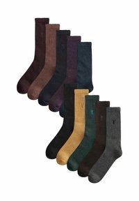 Set aus 10 Paar Socken in verschiedenen Farben, mit einem gerippten Design am Bund. Die Farben umfassen Braun, Marineblau, Schwarz, Grün und Grau.