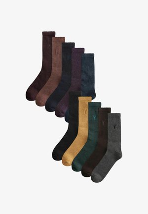 Set di 10 paia di calze in vari colori, caratterizzate da un design a coste sul bordo. I colori includono marrone, blu navy, nero, verde e grigio.