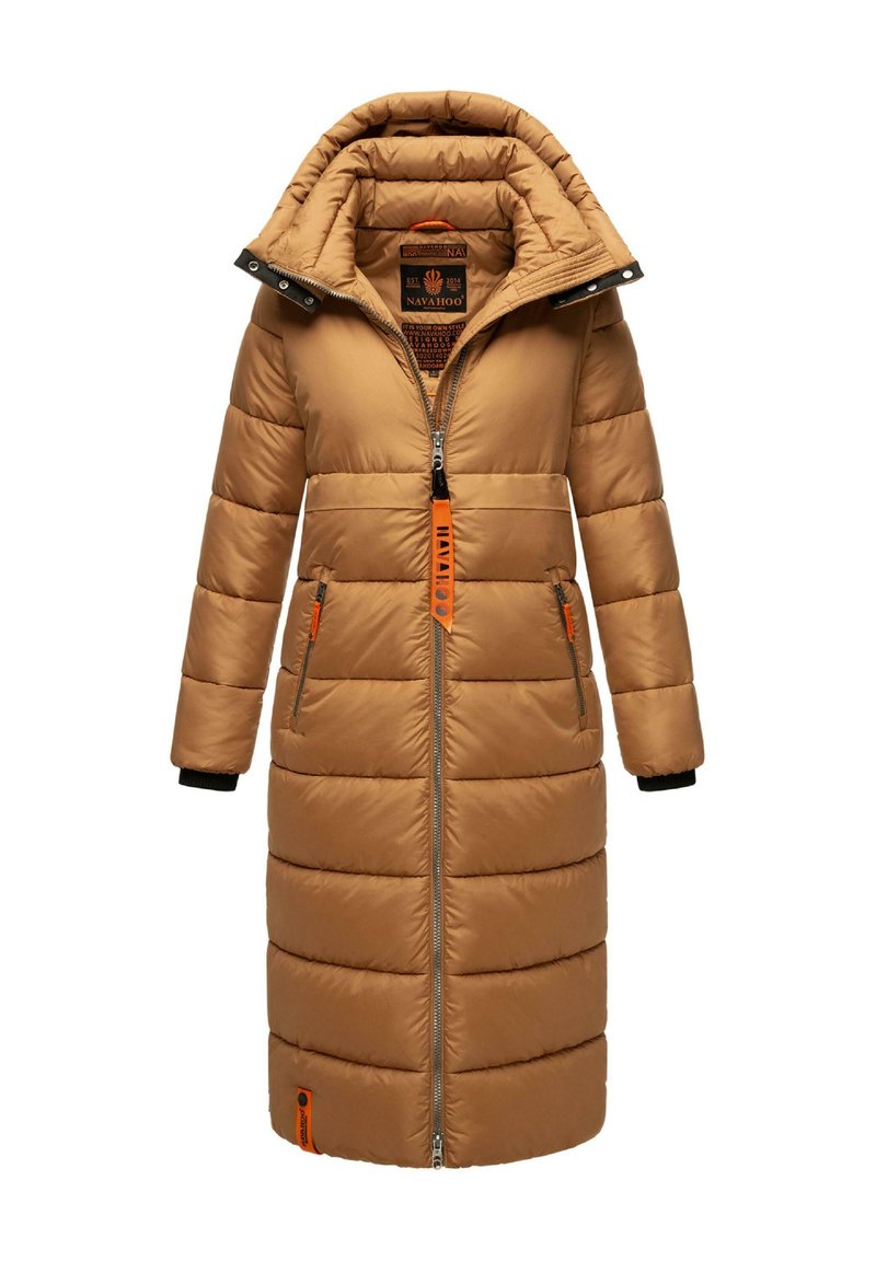 Long, caramel-brown puffer coat with a high collar, front zipper, orange accents, and ribbed cuffs. Features side pockets and a logo patch.