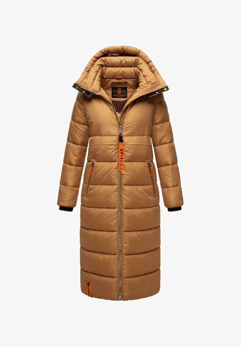 Long, caramel-brown puffer coat with a high collar, front zipper, orange accents, and ribbed cuffs. Features side pockets and a logo patch.