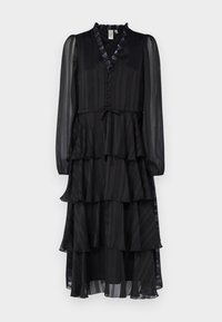Black tiered dress made of lightweight material, featuring long sheer sleeves, a ruffled neckline, and button details along the front.