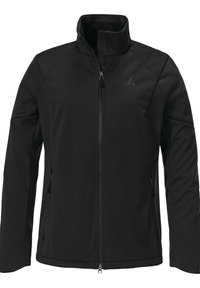 Schwarze Softshell-Jacke mit hohem Kragen, Frontreißverschluss, Seitentaschen und ohne sichtbare Muster oder Verzierungen.