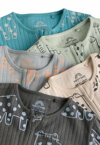Four baby garments in soft fabric: teal, mint, gray, and beige with ribbed texture. Each features playful animal patterns in contrasting colors.