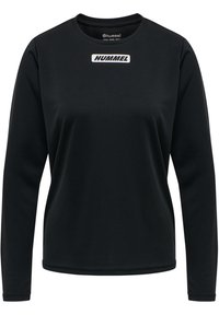 Schwarzes Langarmshirt aus glattem Stoff. Mit einem weißen "HUMMEL"-Logo auf der Brust. Rundhalsausschnitt und enganliegende Ärmelbündchen.