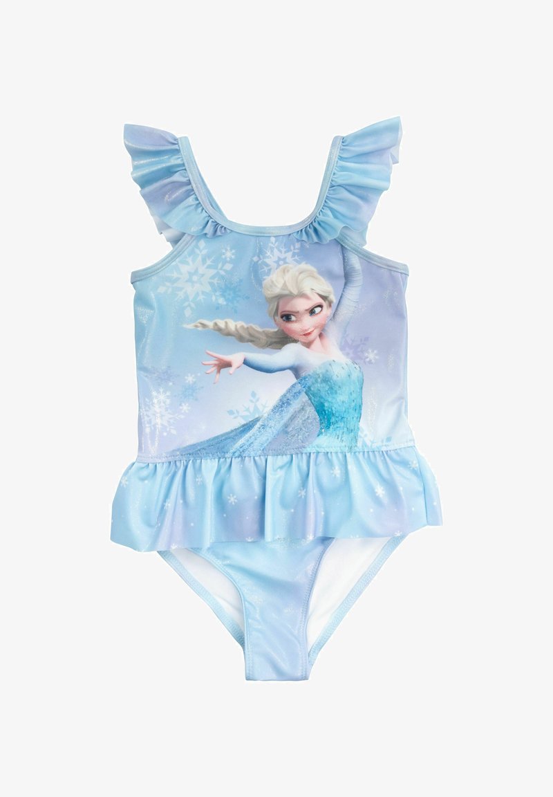 Costume da bagno azzurro chiaro con spalline arricciate, gonna svasata e una grande immagine stampata di un personaggio, decorata con fiocchi di neve.