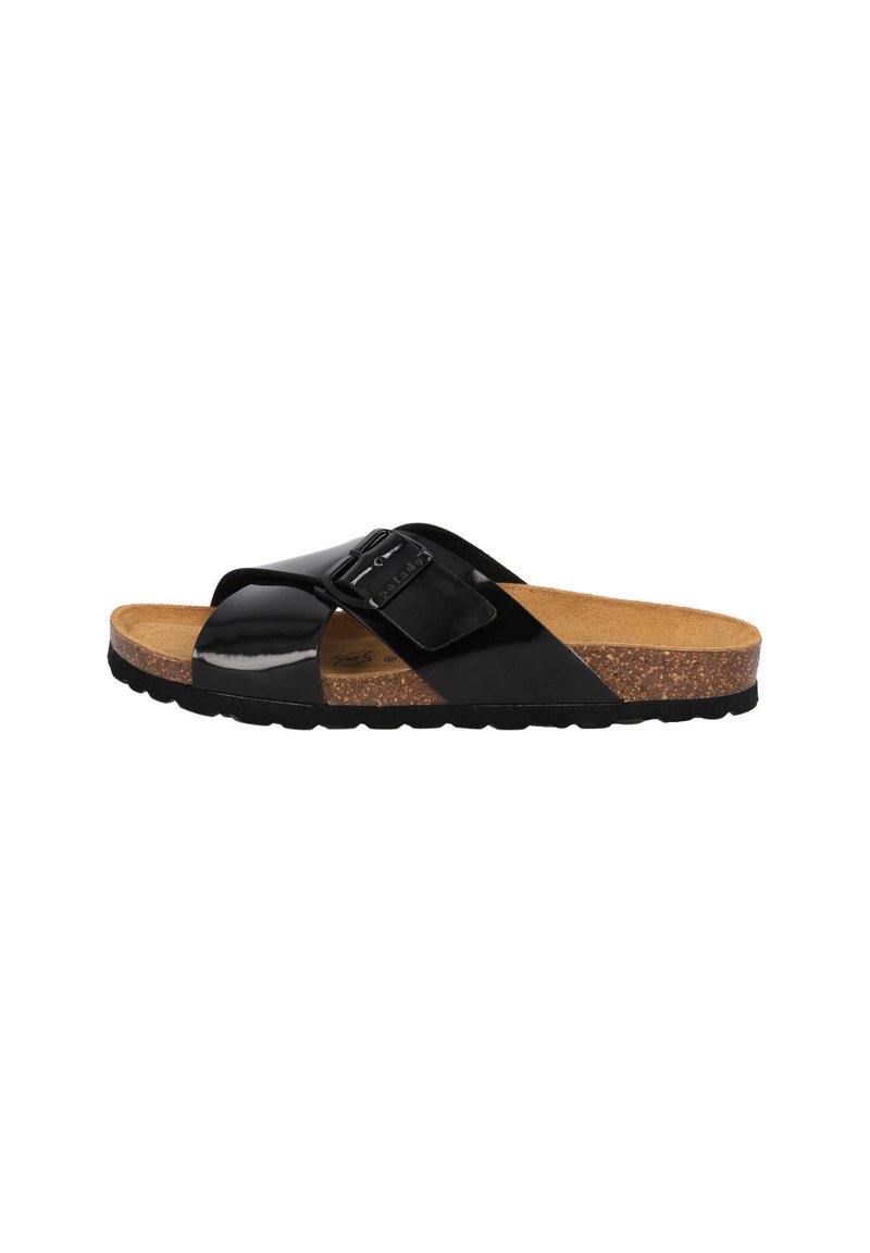Schwarze Lack-Sandale mit Korkfußbett, verstellbarem Riemen mit Schnalle und strukturiertem Gummi-Außensohle. Offenzehendesign für einen bequemen Tragekomfort.