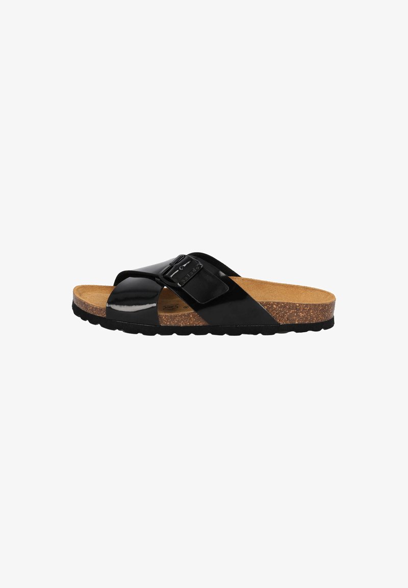 Schwarze Lack-Sandale mit Korkfußbett, verstellbarem Riemen mit Schnalle und strukturiertem Gummi-Außensohle. Offenzehendesign für einen bequemen Tragekomfort.