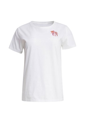 Witte katoenen t-shirt met een kleine meerkleurige palmboomafbeelding op de bovenste linkerkant; klassieke ronde hals en korte mouwen.