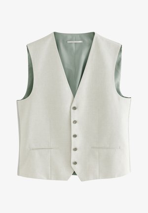 Világosszürke, ujjlenyomat nélküli mellény sima textúrával, zöld bélés belül, öt gombbal záródik, és két elülső zsebbel rendelkezik.