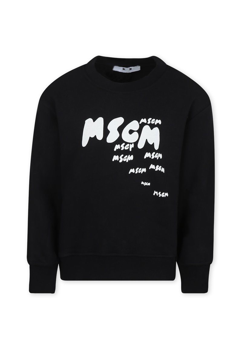 Felpa nera con colletto girocollo e maniche lunghe. Sul fronte è stampato il testo giocoso "MSGM" in diverse dimensioni, di colore bianco. Tessuto dalla texture liscia.