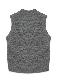 Grauer ärmelloser Pullover mit strukturiertem Strickmuster und hohem Kragen, leicht abgerundetem Saum und gerippten Kanten.