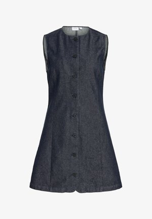 Mouwloze donkergrijze jurk met knopen, ronde hals en licht uitlopende zoom, voorzien van zeven knopen aan de voorkant en subtiele naden.