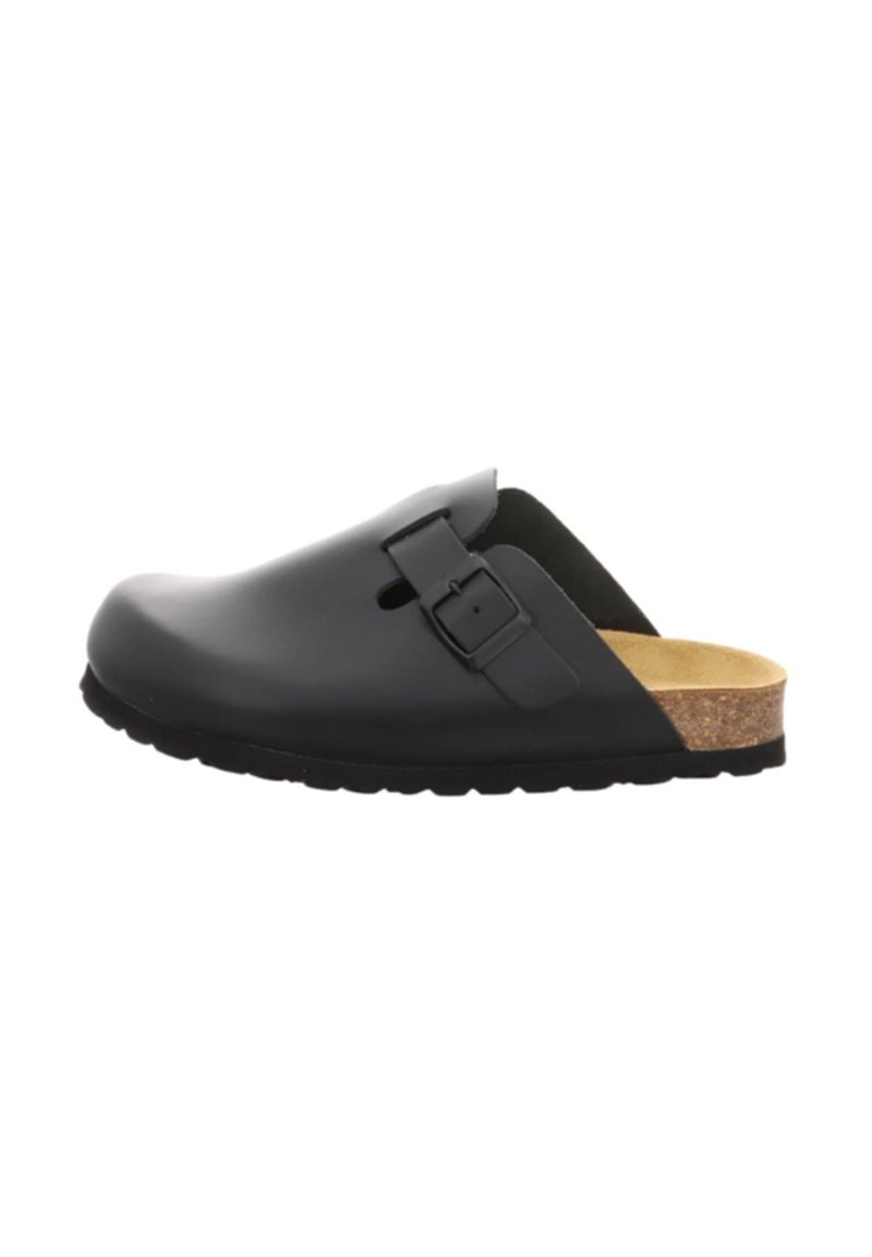 Schwarze Clogs zum Hineinschlüpfen mit verstellbarem Schnallenriemen, Korkfußbett und strukturiertem Sohlen für legere Anlässe.