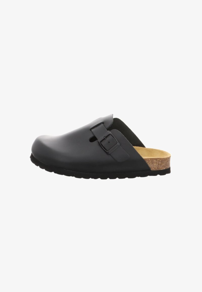 Schwarze Clogs zum Hineinschlüpfen mit verstellbarem Schnallenriemen, Korkfußbett und strukturiertem Sohlen für legere Anlässe.