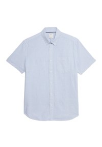 Korte mouw knoopshirt, lichtblauw met witte verticale strepen, gemaakt van katoen, met een borstzak en een afgeronde onderkant.