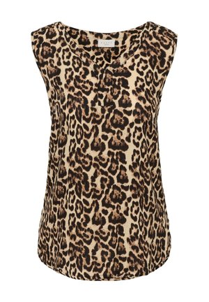 Blouse sans manches à col en V avec motif léopard marron et noir sur fond beige, créée par Kaffe.