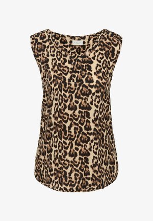 Blouse sans manches à col en V avec motif léopard marron et noir sur fond beige, créée par Kaffe.