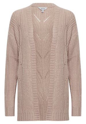 Helle rosa Strickjacke mit offenem Vorderteil, strukturierten Mustern und langen Ärmeln. Sie hat eine lockere Passform und gerippte Kanten.