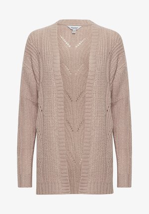 Hele roosa kudumitega kardigan avatud eest, tekstuuriliste mustrite ja pikkade varrukatega. Omab laia lõiget ja ribadega ääri.