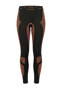 Schwarze Leggings mit orange gemusterten Einsätzen, gefertigt aus einem dehnbaren Material mit figurbetontem Schnitt und elastischem Bund.