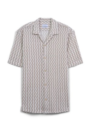 Short-sleeve button-up shirt in light beige and white, featuring a zigzag pattern and a relaxed fit. Made of breathable fabric.