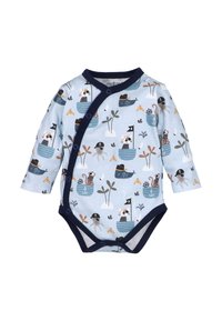 Langærmet baby body i lyseblå med marineblå kant. Har legende illustrationer af dyr i både, træer og maritime elementer.