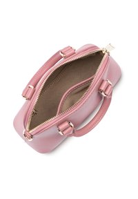 Borsa a mano rosa chiaro con cerniera in tonalità oro, texture in pelle liscia, doppio manico e un ampio interno.