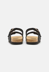 Sorte svarte lærsandaler med to justerbare stropper, korkfotseng og gummisåle, sett fra bak. Glatt tekstur og minimalistisk design.