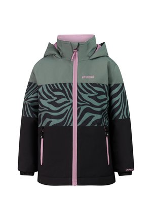 Veste à capuche pour enfant avec fermeture éclair rose, blocs de couleurs vert et noir, motif zèbre sur la poitrine et les manches, et logos de la marque sur la poitrine et la manche.