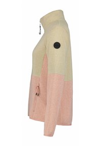 Chaqueta de forro polar con cremallera y un alto cuello; presenta un diseño a bloques de color en amarillo pálido y rosa suave; equipada con un parche de logo negro en la manga.