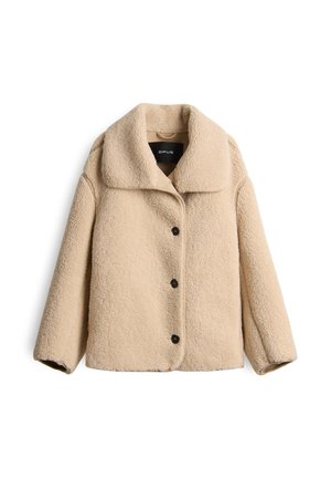 Beige Kunstpelzjacke mit breitem Kragen, vorderem Knopfverschluss und langen Ärmeln. Verfügt über eine weiche, strukturierte Oberfläche und einen abgerundeten Saum.
