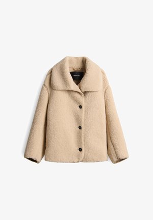 Beige Kunstpelzjacke mit breitem Kragen, vorderem Knopfverschluss und langen Ärmeln. Verfügt über eine weiche, strukturierte Oberfläche und einen abgerundeten Saum.
