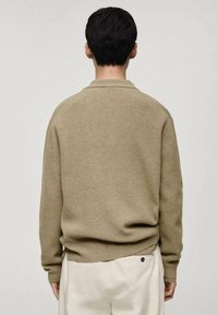 Pullover a maglia beige con una texture sottile e colletto polo, caratterizzato da una vestibilità morbida e polsini a coste, mostrato da dietro.