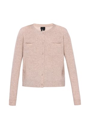 Hellbeige Cardigan mit langen Ärmeln, runder Halslinie, Vorderknopfverschluss und zwei Brusttaschen. Weiche Textur, gerippter Saum und Bündchen.