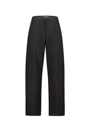 Zwarte wijde broek met een drawstring taille en zonder zichtbare zakken op een witte achtergrond.