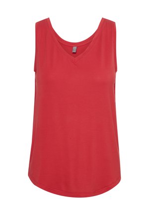Top senza maniche rosso con scollo a V; texture morbida e liscia. Presenta un orlo arrotondato e non ha ulteriori fantasie o accessori.