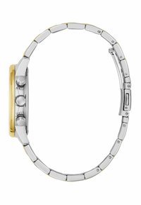 Montre en argent et en or avec un bracelet en métal segmenté, présentant des boutons et un cadran rectangulaire, vue de côté.