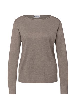 Brauner Strickpullover mit weitem Ausschnitt, langen Ärmeln und geripptem Saum. Glatte Textur ohne sichtbare Muster oder Akzente.