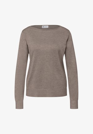 Hnědý pletený svetr se širokým výstřihem, dlouhými rukávy a žebrovaným lemem. Hladká struktura bez viditelných vzorů nebo zdobení.