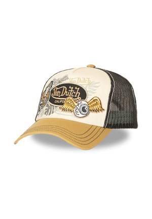 Beige and black Von Dutch trucker cap with mesh back, winged eyeball and logo embroidery on front panel and yellow curved visor.