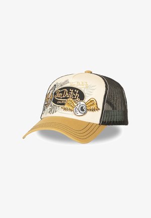 Beige and black Von Dutch trucker cap with mesh back, winged eyeball and logo embroidery on front panel and yellow curved visor.
