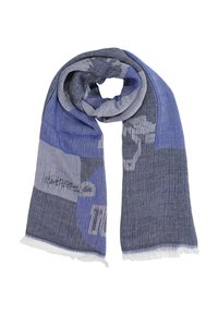 Sciarpa intrecciata blu e grigia con motivi astratti, orli frangiati e una texture morbida, ideale per sovrapporre o drappeggiare.