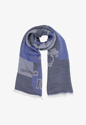 Sciarpa intrecciata blu e grigia con motivi astratti, orli frangiati e una texture morbida, ideale per sovrapporre o drappeggiare.