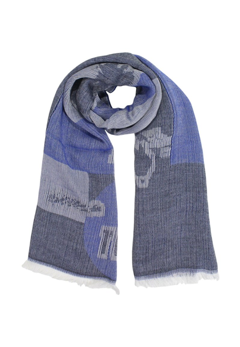 Sciarpa intrecciata blu e grigia con motivi astratti, orli frangiati e una texture morbida, ideale per sovrapporre o drappeggiare.