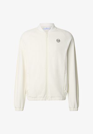 Bílá bunda na zip s elastickými manžetami, dvěma bočními kapsami a malým černým logem na levé straně hrudi.