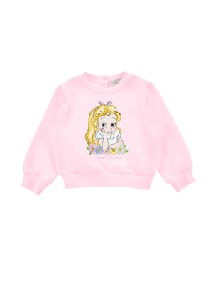 Sweatshirt court rose à manches longues avec un graphique de fille de dessin animé, des détails floraux et des poignets côtelés. Fabriqué en matériau doux.