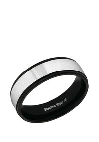 Pierścionek ze stali nierdzewnej z matowym srebrnym środkiem i błyszczącymi czarnymi krawędziami, charakteryzujący się gładką teksturą i prostym, zaokrąglonym wzorem.