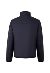 Marineblå, polstret jakke med høj krave og mat finish. Enkel design, ingen synlige logoer eller mønstre, med en lige skåret ryg.