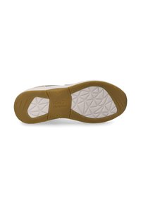 Sohle eines Schuhs mit einem geometrischen Muster, hauptsächlich weiß mit einer braunen Gummibasis, beschriftet mit "iGo Dynamic." Texturierte Grip-Oberfläche.