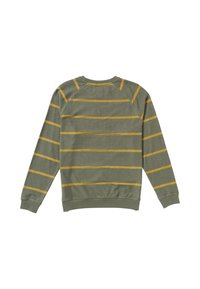 Zielony sweter z żółtymi poziomymi paskami. Posiada okrągły dekolt, długie rękawy oraz ściągacze przy mankietach i na dole. Miękka tekstura, casualowy design.